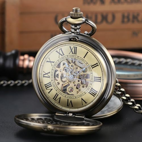 Image of Vintage Gold Double Sides Open Case Mechanical Men's Pocket Watch,Double Face Roman Dial Clock Hand Wind Pocket Watch for Men with FOB Chain
