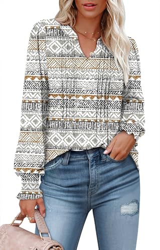 BETTE BOUTIK Long Sleeve Shirts for Women Fall Tops Dressy Blouses Pleated V Neck Tunic Tops for Leggings S-3XL