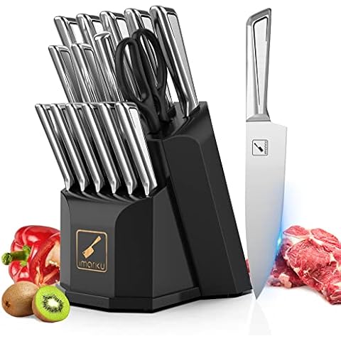 Messerblock mit Messer, imarku 16 TLG Messerset aus Hochwertigem Japanischem Edelstahl für Die Küche mit Block, Ultrascharfes Küchenmesser Set mit Schärfer Cover
