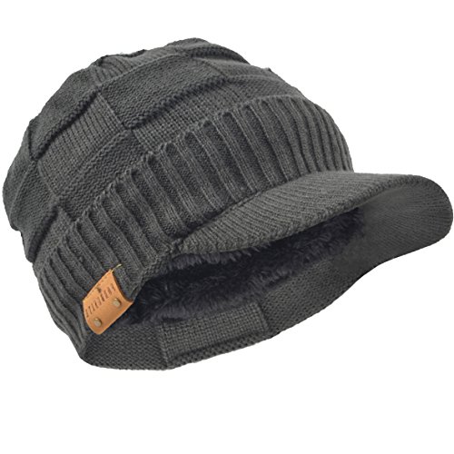 HISSHE Homme Bonnet Tricot Polaire Casquette Visière Chapeau Hiver B322/B5042 (Gris)