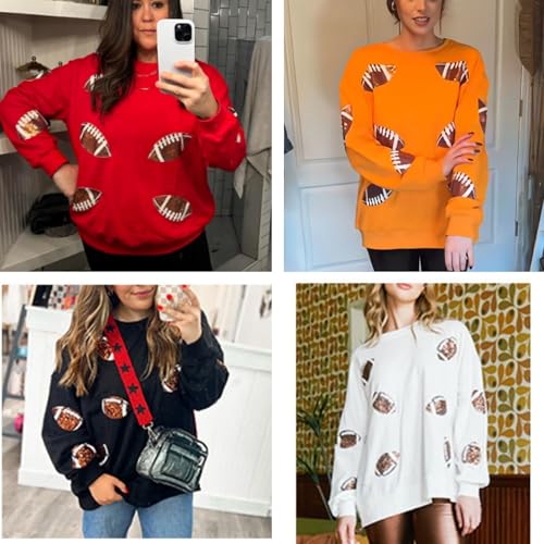 Xunger Women’s Football Print Sequin Sweatshirt Crewneck Oversized Long Sleeve Pullover Tops Gameday Sweatshirts4