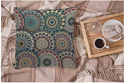 Wondertify Throw Pillow Case Cover Mandala Boho Chic Flower Seamless Pattern Elegant Floral Background Ornament Blue Pink Beige,Soft Linen Pillow Case For Boy Girls Bedroom/Living Room 18X18 Inch #TOP2