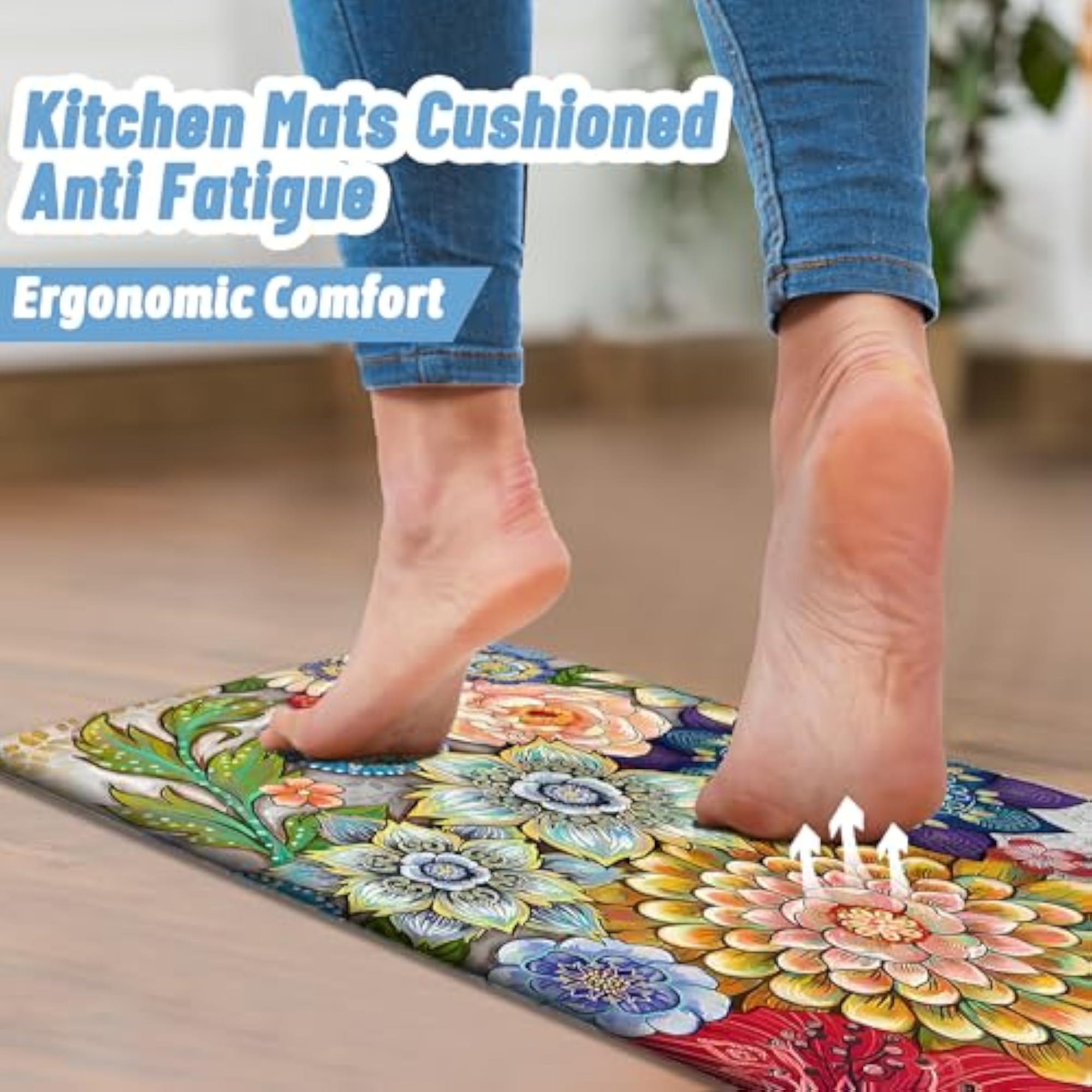 Floral Kitchen Runner Rug Mat for Floor, Boho Cushioned Comfort
