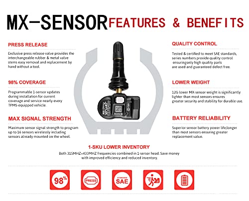 Autel TPMS Sensors 2in1 MX-Sensor 315Mhz/433Mhz Tire Pressure Sensor, Press-in OE-Level Programmable & Cloneable Wireless TPMS Sensors for All Vehicles, Program by Autel TPMS Tool (Rubber Stem 4pcs) - Image 3
