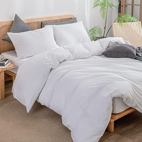 Image of BESTOUCH Cotton Solid Duvet Cover Set Bright White Super King Plus | 100% Washed Cotton, Soft Wrinkle Texture, Hidden Zipper, 8 Ties, Breathable Lightweight Durable Comfy, 3 Pcs No Insert