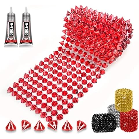 1 Yard Spike for Crafts Stude for Clothing, Red Spike Stud with Glue, Cone Flatback Plastic Trim Mesh for Holloween Party Decoration Costume DIY Crafts Cover