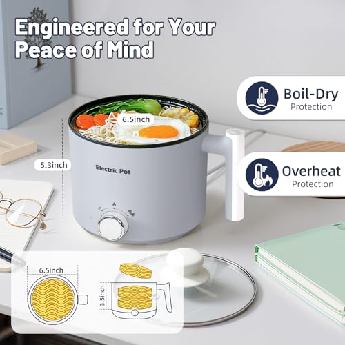 Electric Hot Pot :1.5L Mini Ramen Cooker with Overheat & Boil-Dry Protection, Suitable for Noodles, Soup, Oatmeal, College Dorm Office Travel Essentials (Grey, 1.5L) - Image 4