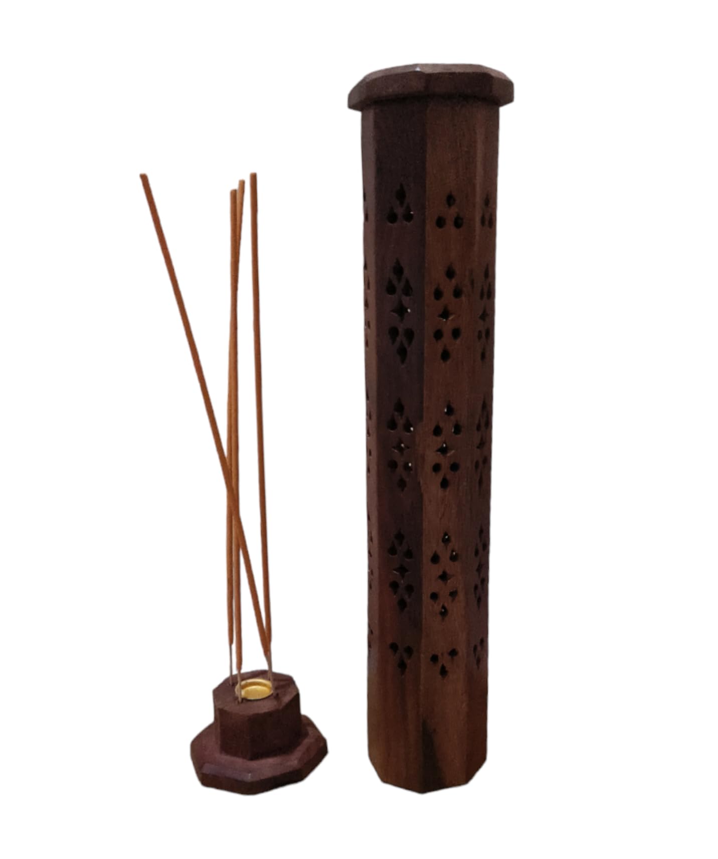 QUAMIUM Wooden Incense Stick Holder, Dhoopbatti/Cone Burner Stand for Home & Office, Tower Shape Eco Friendly Ash Catcher Agarbatti Holder Hand Carved for Yoga Home Fragrance, 1 Pc, Brown, 12 in.