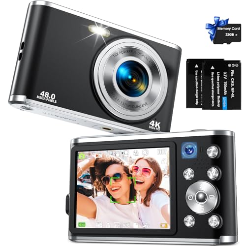 Digital Camera FHD 4K Vlogging Camera with Autofocus Dual Lens 48MP 16X Digital Zoom 2.8″ IPS Screen Compact Travel Video Camera for Teens Adult Beginner,32GB Card,2 Batteries,Black