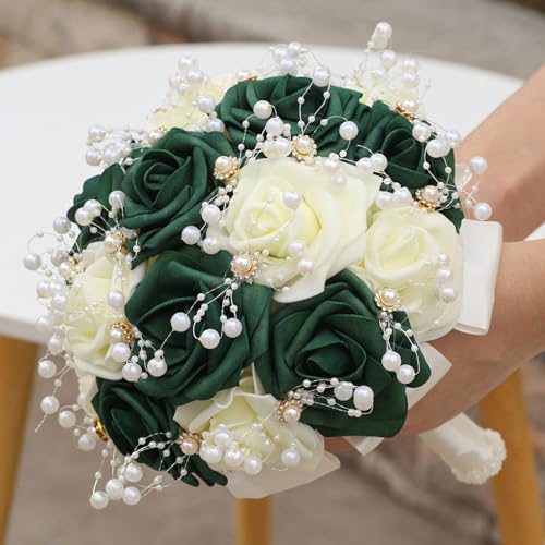 Ramo de novia artificial elegante con rosas eternas blancas y verdes 7