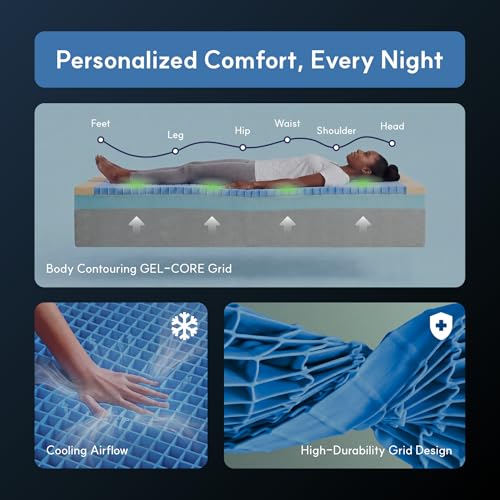 Image of LIFEMENT King 10 Inch Gel Core Grid Mattress, Advanced Gel Core Grid, Medium Firm, Motion Isolation & Pressure Relief, CertiPUR-US Certified