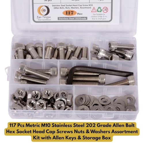 Image of Metric M10 Stainless Steel 202 Grade Allen Bolt Hex Socket Head Cap Screws Nuts & Washers Assortment Kit with Allen Keys & Storage Box - 117 Pieces