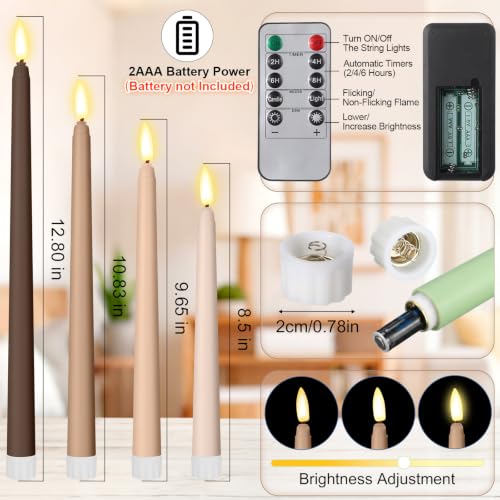 Image of Rossesay 16 Pcs Brown Flameless Taper Candles Battery Operated Candles with Remote Timer 8.5 inch 9.6 inch 10.8 inch 12.8 inch Multiple Sizes LED Flickering Candlestick for Wedding Party Centerpieces Decor