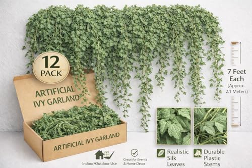 Image of DL Artificial Leaves Ivy Garland-Set of 12 (Each 2.4M, 30 Leaves) | 360 Leaves Total | Fake Green Creeper for Wall, Balcony, Wedding & Party Decoration |Realistic Hanging Vines for Home Decor