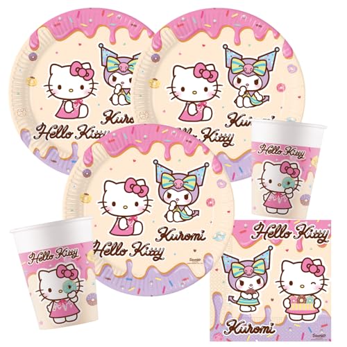 Kit de fête Hello Kitty et Kuromi - 36 pièces - Assiettes en carton, gobelets en carton et serviettes pour anniversaire d'enfant
