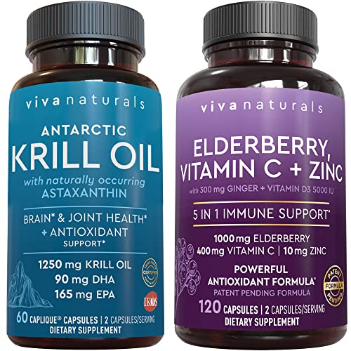 Antarctic Krill Oil And Elderberry, Vitamin C, Zinc And Vitamin D3 5000 Iu Bundle, 1250 Mg Of Krill Oil Providing Omega 3 Epa And Dha For Joint Health, Elderberry For Immune Support #TOP17