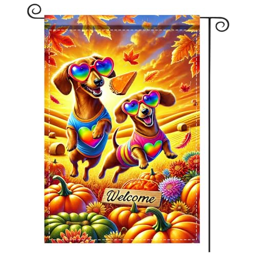 Image of Nuxovilar 12x18 inch Dachshund Dog Sunglasses Fall Flag | Double-sided Dachshund dog and pumpkin garden flag for porch, patio, and lawn decoration.