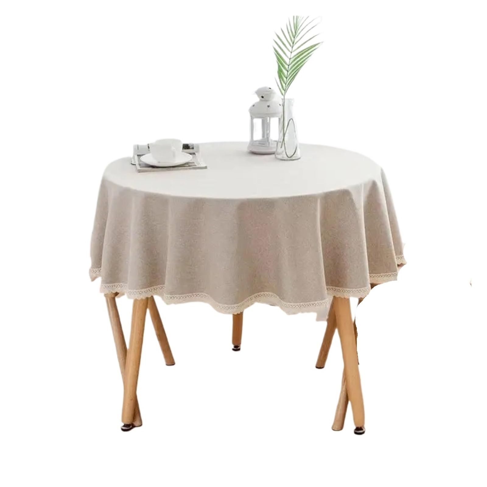 ZNTIHZ Solid Color Round Tablecloth With Lace Cotton Linen Table Cloth Wedding Dining Tea Decoration Cover For Wedding Party Banquet(Beige,140cm)