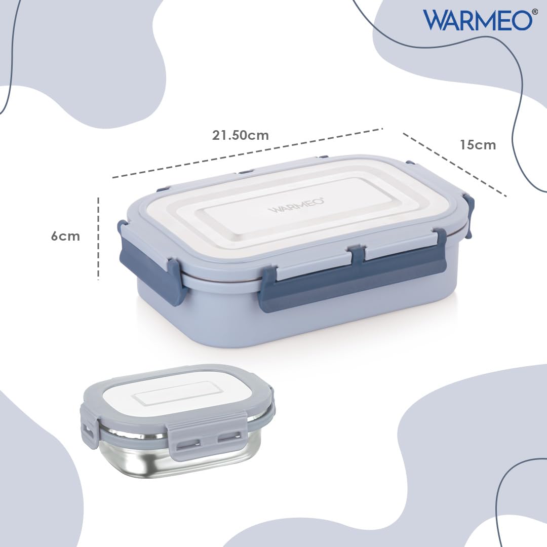 WARMEO Delight Insulated Stainless Steel Airtight Leak-Proof Lunch Box with Clip Lock Lid,Light Weight, Easy to Clean, Perfect for Office, School, Picnic & Travelling, Combo(800ml+150ml), Blue & Grey — Amazon image 4