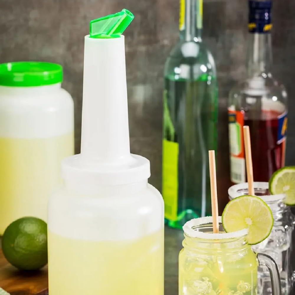Soro Essentials- Set of 6 Plastic 2 qt. Bar Juice Pour Bottles Green Color- Store and Pour Containers for Bar Plastic Juice Pourers for Bartending Bar Mixer Bottles Barware and Bar Supplies