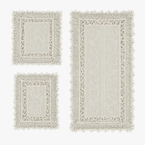 Corredocasa Tris Centrini Ricamati a Mano, Misto Lino Set 1 Runner da Tavola Rettangolare 40x90 cm e 2 Centri Tavola 30x40 cm Centrini Moderni per Mobili, Cucina, Sala da Pranzo (Disegno 2 Bianco)