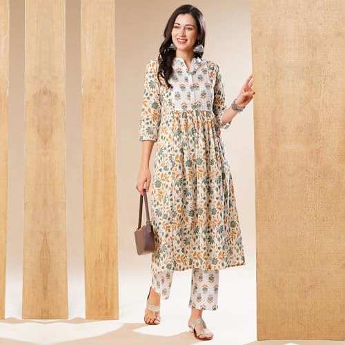 Image of Globus Women Ivory Floral Print A-Line Kurta Set With Trouser-3638388001