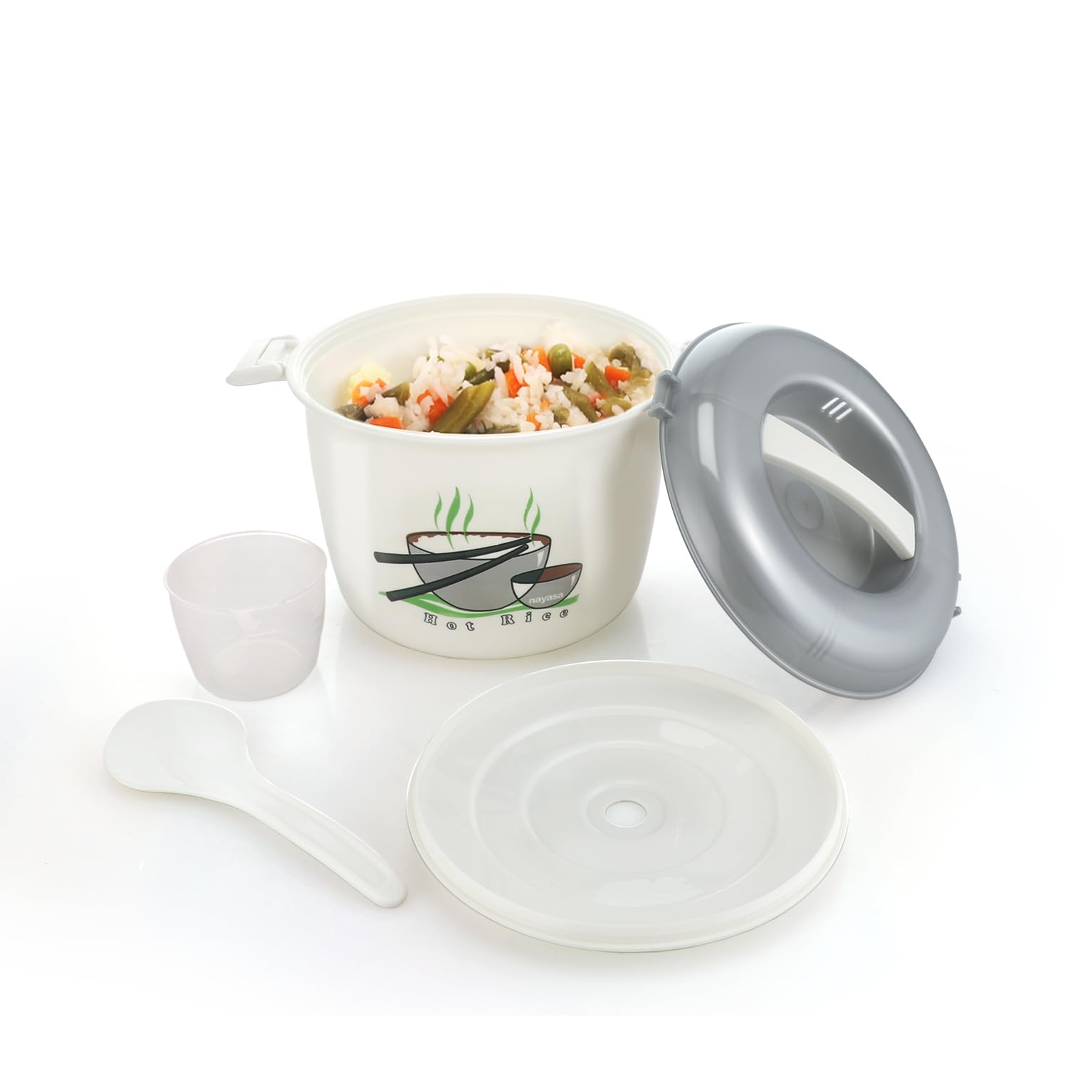 Nayasa Microwave Safe Rice Cooker with Lid | 3000 ML | With Rice Spoon And Measuring Cup | Food Grade | BPA Free | Easy To Handle| Grey