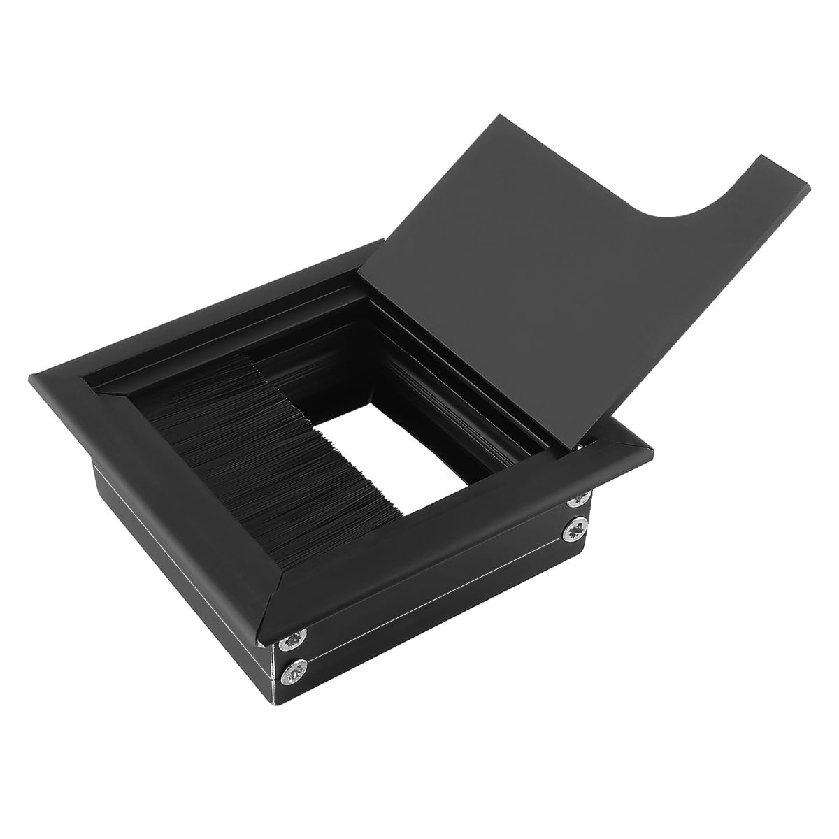 HASTHIP® Desk Hole Cap 80x80mm Black Square Aluminium Cable Management Cover with Flip Lid & Dust-Proof Brush for Office PC Desk, Desk Hole Cap for Workspace Organization