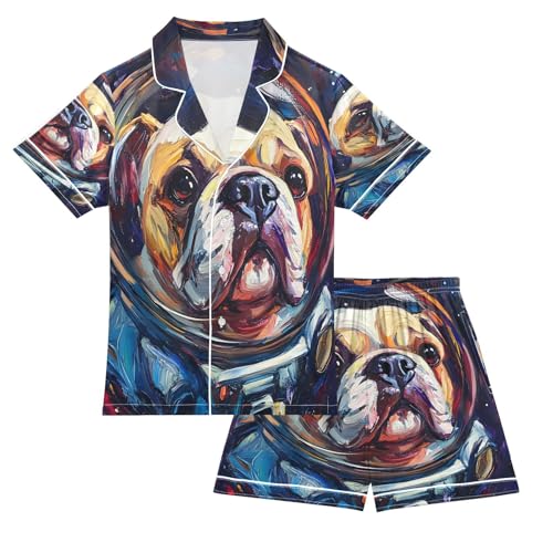 ALAZA Bulldog Dog Astronaut Oil Painting Satin Pajamas Set Short Sleeve Button Down Sleepwear Summer Pjs 2 Piece