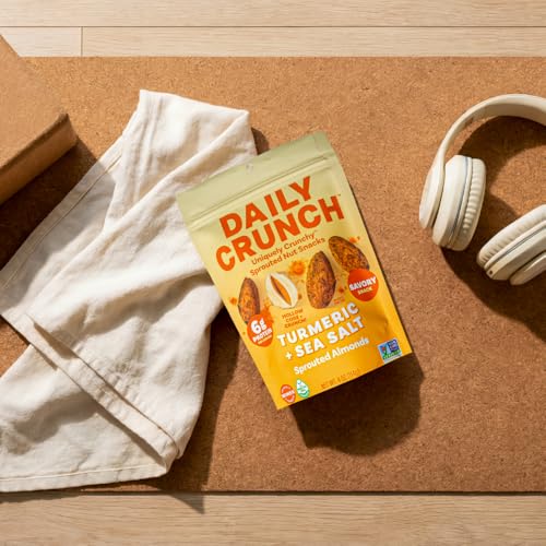 Image of Daily Crunch Sprouted Almonds and Dehydrated nuts for a Unique Crunch, Keto Friendly, Non-GMO Zero Seed Oils, Gluten Free 4oz (6 Pack, Turmeric + Sea Salt)