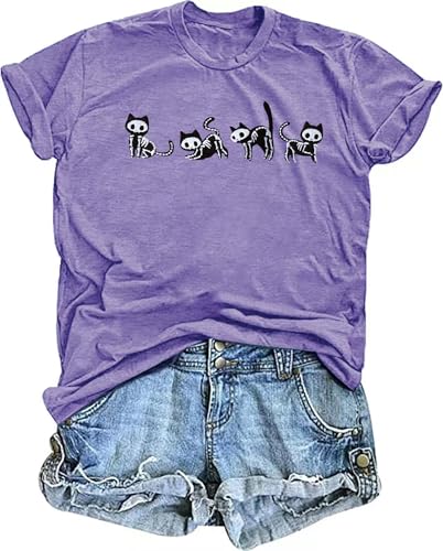 Halloween Shirts for Women: Embroidered Cat Graphic Tshirts Tops Skeleton Cats Short Sleeve Blouse