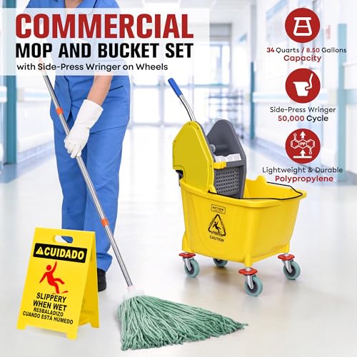 Image of MATTHEW CLEANING 34Quarts Commercial Mop Bucket INCL.Wet String Mop with Down Press Wringer On Wheels,Industrial Heavy-Duty Floor Cleaning w /Handle, Mop Bucket for Home,Offices,Commercial, Restaurants