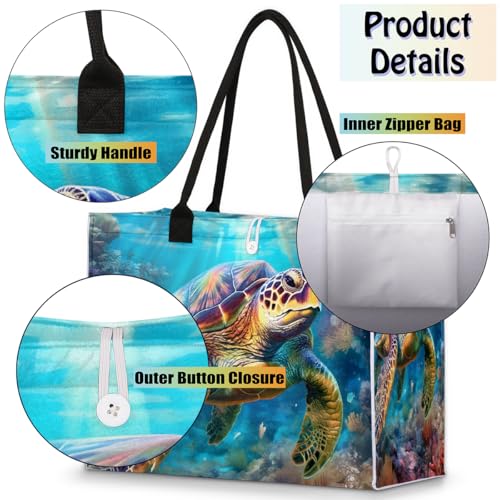 Tortoise Sea Turtle Beach Tote Bag Women Shoulder Handbag Large Utility Tote Bag for Travel Shopping Work Reusable Grocery Bags with Zipper Pouch4