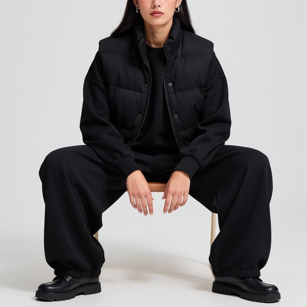 YUSHE Three Piece Sets for Women | Cotton Rich Sweatshirt and Jogger with Lightweight Puffer Jacket | Winter Cord Sets