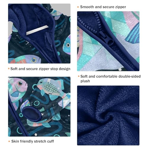 Colorful Fish on Dark Background Toddler Fleece Jacket Girl Boys Hooded Fleece Jacket Coat Warm Outwear Zip-up 3-10T3