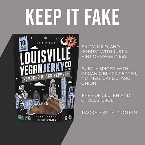 Image of Louisville Jerky Co. Smoked Black Pepper Vegan Jerky, 3 oz, 10-Pack | 5g Protein, Plant-Based Protein Snack, Vegetarian Jerky, Meatless, Savory, Ready-to-Eat, Vegan Beef Alternative, Travel Ready
