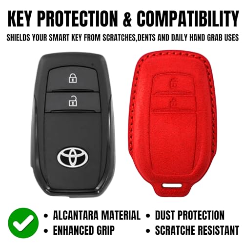 Image of KMH Alcantara Car Key Cover Compatible with Toyota Innova Crysta Hilux 2 Buttons Shell Case Car Accessories Key Smart Keycover with Keychain (D2) Red - Pack of 1