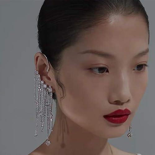 Miniatura 7 de 20 pendientes de cadena larga con borla para las orejas color plateado