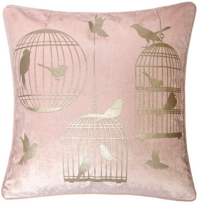 MASARA Decorative Velvet Throw Pillow with Gold Foil Birdcage Print, Polyester Cover with Waterfowl Feather Fill, Zipper Closure (Beige)