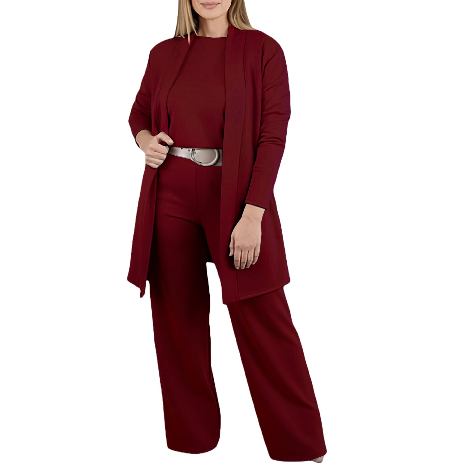 Womens 3 Piece Lounge Set Dressy Pant Suit Open Front Cardigan Tops Wide Legs Pants Comfy Matching Sets