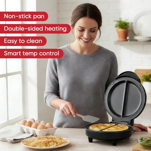 Image of Delavala Breakfast Egg Cooker & Omelette Maker, Dual Section Non-Stick Electric Maker for Omelets, Frittata, Pancakes, Pizza & Snack Pockets, Quick Cooking Compact Kitchen