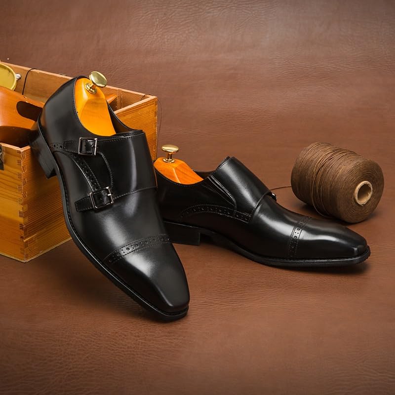 Dress Formal Shoes for Men's Toe Double Monk Burnished Leather Casual Slip-on Breathable Office Low Top Shoe3