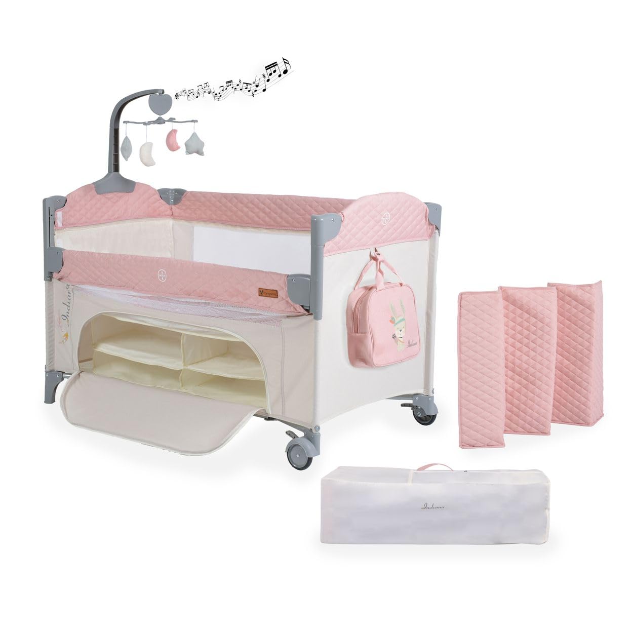 Cangaroo Indiana Camping Kinderbett, mit Musikmobil mit 4 Kuscheltieren, Organizer und eine Tragetasche, Rosa