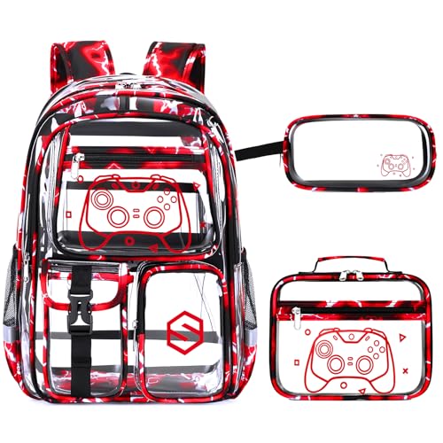 DIGOBAY 3PCS Cool Luminous Clear Backpack for Boys Kids Gamer Clear Bookbag for School See Through PVC Transparent Backpacks with Lunch Bag Pencil Case Backpack Heavy Duty for School Stadium