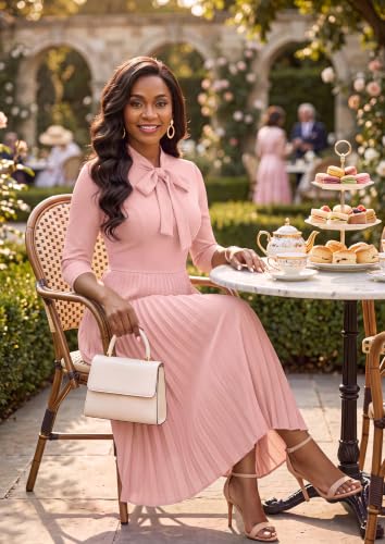 Image of FANDEE Maxi Dress for Women Formal 3 /4 Sleeve Pleated Empire Long Dress Semi Formal Tie Neck Office Work Dresses