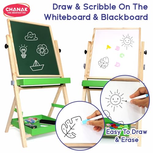 Image of Aditi Toys 2-in-1 Wooden Easel Board for Kids - Magnetic Whiteboard & Chalkboard, Adjustable Height, with Alphabets, Numbers, Marker, Chalks, Duster, Storage Trays, Safe Non-Toxic for Ages 3+