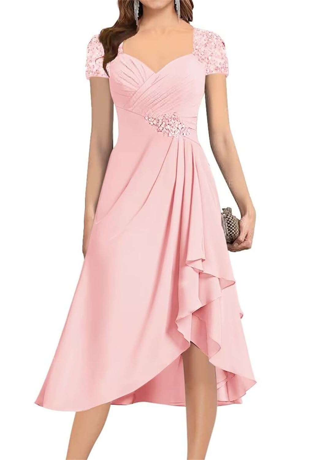 KIYNE Classy Chiffon Mother of the Bride Dresses with Sleeves for Women Blush Pink Tea Length Formal Dress Short Evening Gown UK10