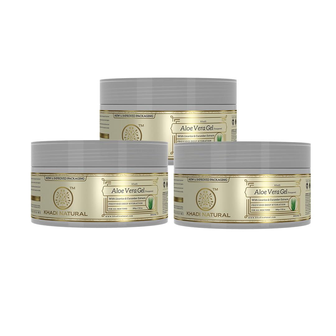 Khadi Natural Ayurvedic Aloevera Gel (Transparent) | Hydrates Skin | Soothes Irritated Skin | Helps Fight Acne| Reduces Tan | Suitable for all skin types | Pack of 3 (200 * 3, 600gm)