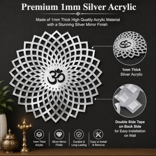 Image of Mandala Om 3D Acrylic Mirror Wall Sticker | Silver Decorative Om Wall Art for Living Room, Hall, Bedroom, Kids Room, Home & Office | Self-Adhesive Spiritual Mirror Wall Decor