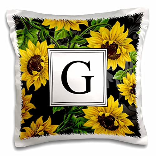 3dRose InspirationzStore Sunflower Letter G Monogram Black and Yellow Flowers Classic Floral (pc-316172-1) Pillow Case, White